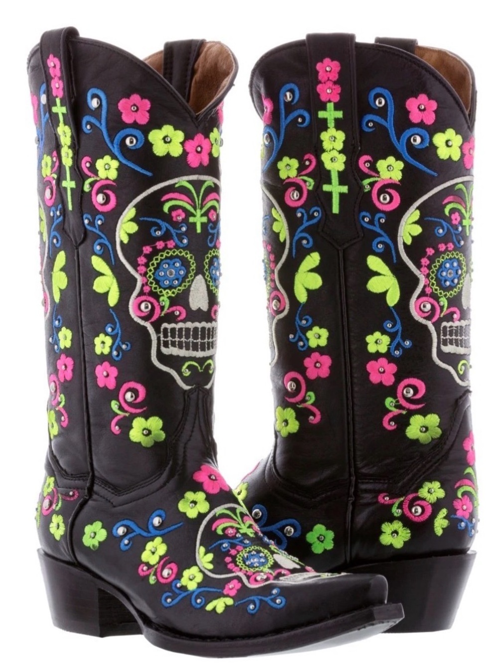 Womens Western Cowboy Boots Black Leather Catrina Sugar Skull Snip Toe
